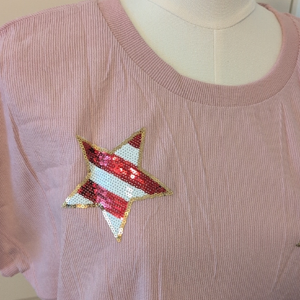 Patriotic Short Sleeve Dress Crewneck Pink with Sequined Stars Size Large - Picture 4 of 14